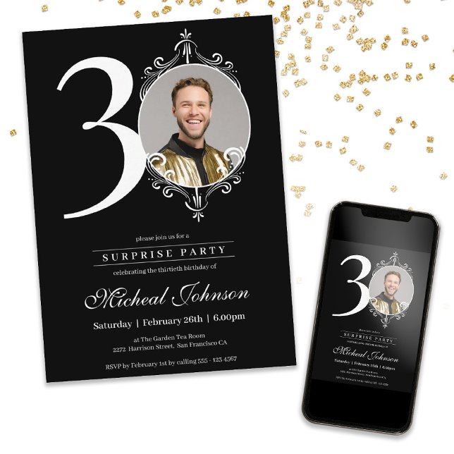 Black and White 30th Birthday Surprise Party Invitation (Black and White 30th Birthday Surprise Party Invitation)