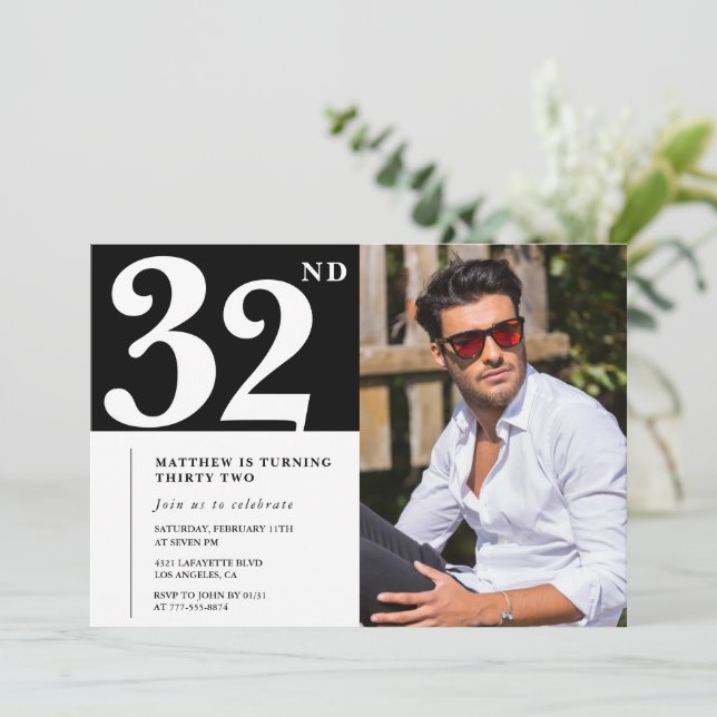 Black and White 32nd birthday Invitations (Standing Front)