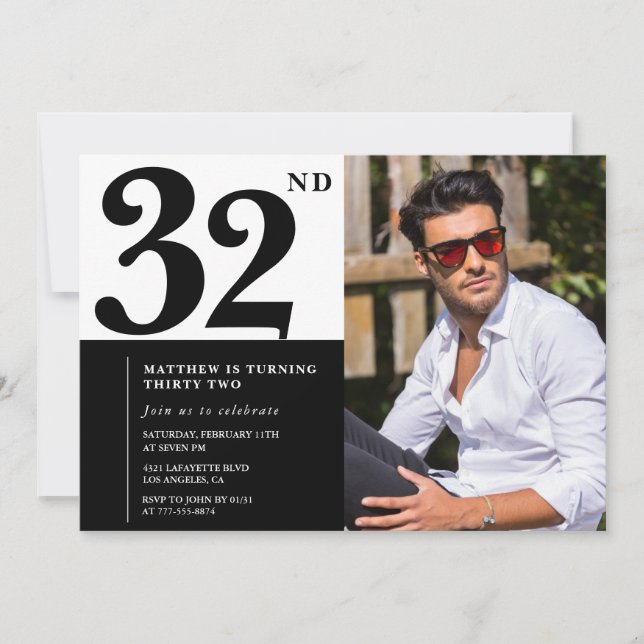Black and White 32nd Birthday Invitations Photo (Front)