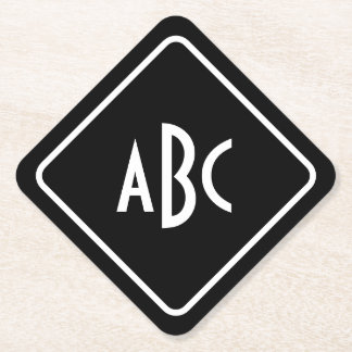 Black and White 3 Letter Monogram Diagonal Paper Coaster