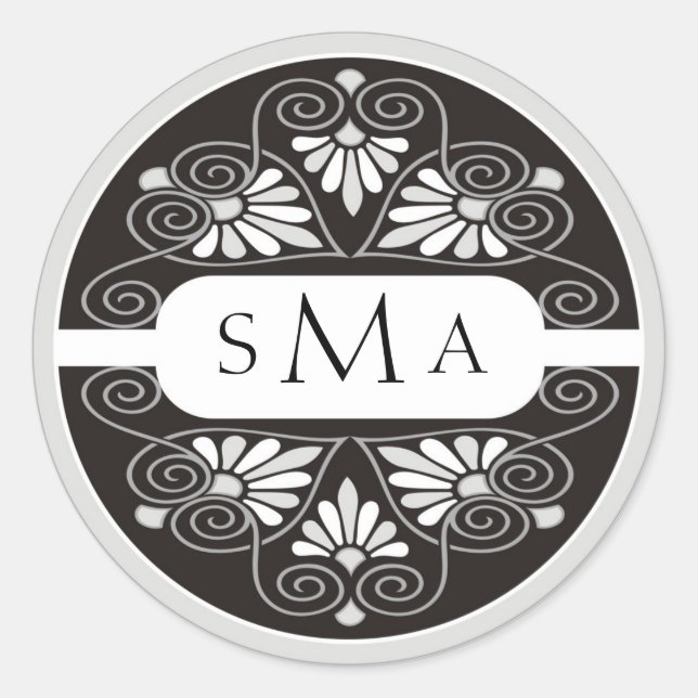 Black And White 3 Monogram Wedding Classic Round Sticker (Front)