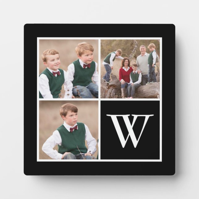 Black and White 3 Photo Collage Family Monogram Plaque (Front)