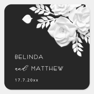 Black And White 3D Flowers Roses Wedding Square Sticker