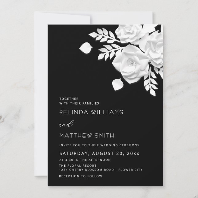 Black And White 3D Flowers Wedding  Invitation (Front)