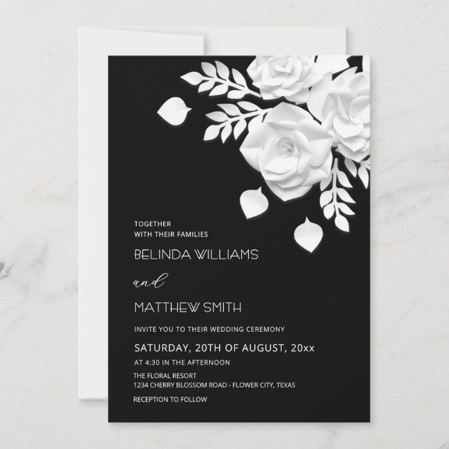 Black And White 3D Flowers Wedding  Invitation (Front)