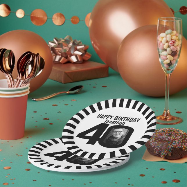 Black and white 40th birthday photo and stripes paper plate (Multi)
