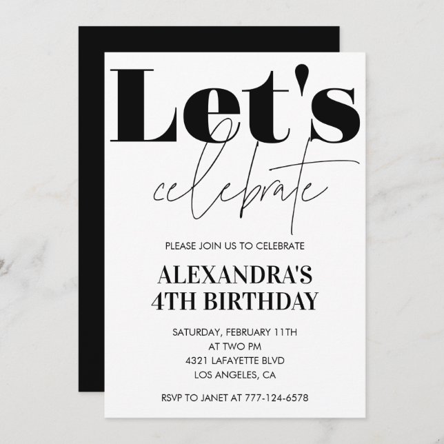 Black and White 4th birthday invitation Modern (Front/Back)
