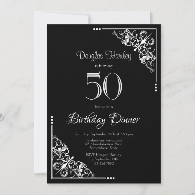Black and White 50th Birthday Dinner Invitation (Front)