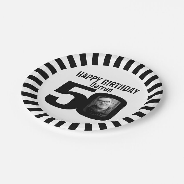 Black and white 50th birthday photo and stripes paper plate (Angled)