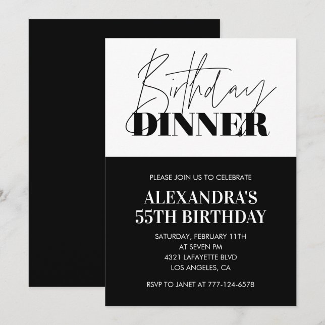 Black and white 55th birthday invitations Dinner (Front/Back)