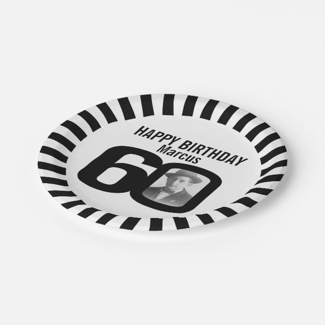 Black and white 60th birthday photo and stripes paper plate (Angled)