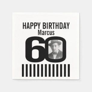 Black and white 60th birthday stripe photo napkins
