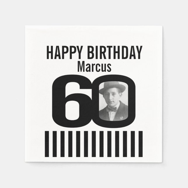 Black and white 60th birthday stripe photo napkins (Front)