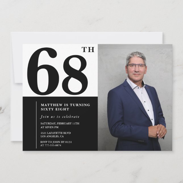 Black and White 68th Birthday Invitations Photo (Front)