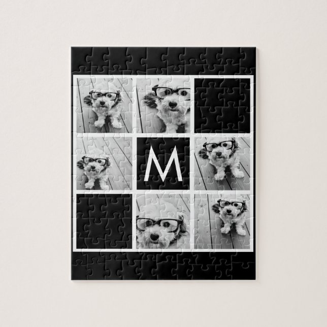 Black and White 6 Photo Collage Custom Monogram Jigsaw Puzzle (Vertical)