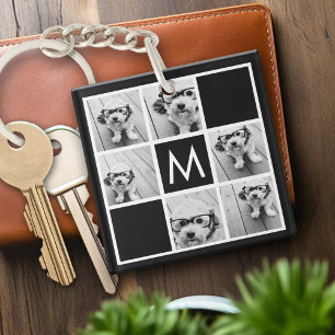 Black and White 6 Photo Collage Custom Monogram Key Ring