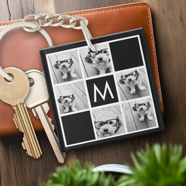 Black and White 6 Photo Collage Custom Monogram Key Ring (Personalized keychain with photo collage and monogram)