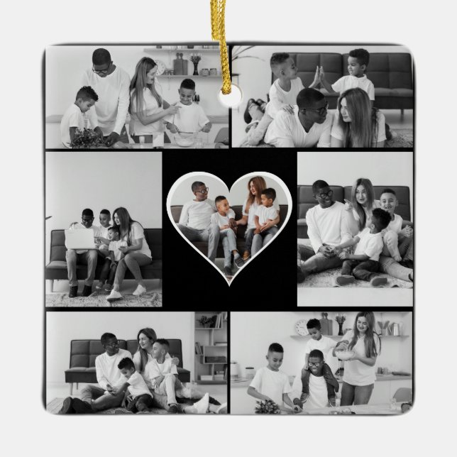 Black and White 7 Photo Collage Ceramic Ornament (Front)