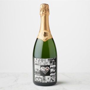 Black and White 7 Photo Collage Sparkling Wine Label