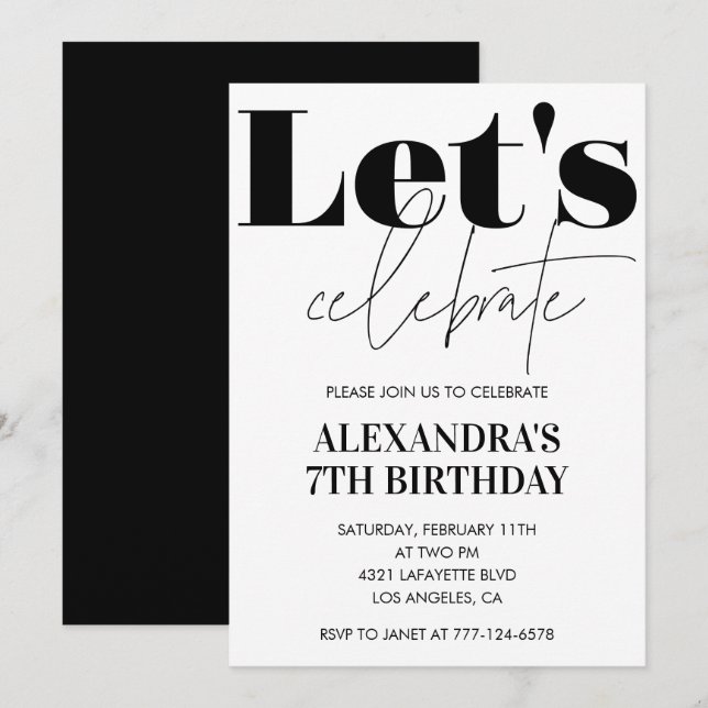 Black and White 7th birthday invitation Modern (Front/Back)