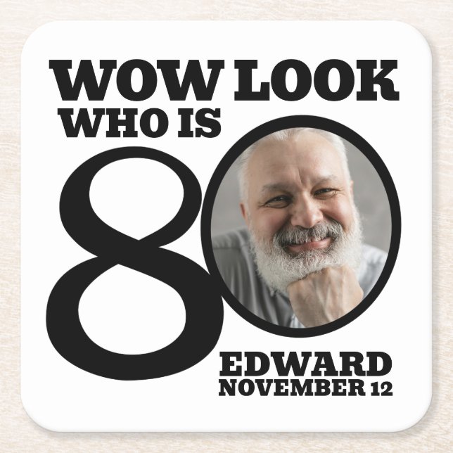 Black and white 80th birthday photo look who is  square paper coaster (Front)