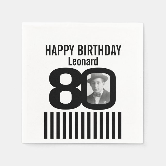 Black and white 80th birthday stripe photo napkins (Front)