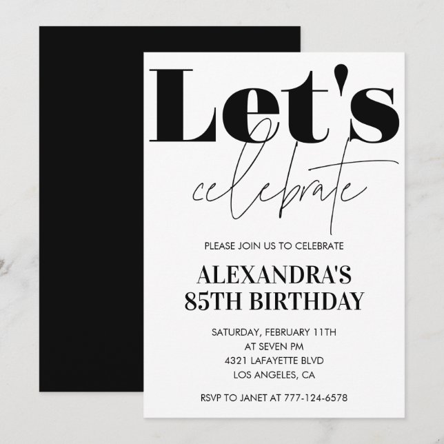 Black and White 85th birthday invitation Modern (Front/Back)