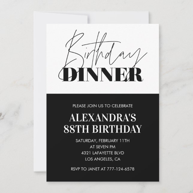 Black and white 88th birthday invitations Dinner (Front)