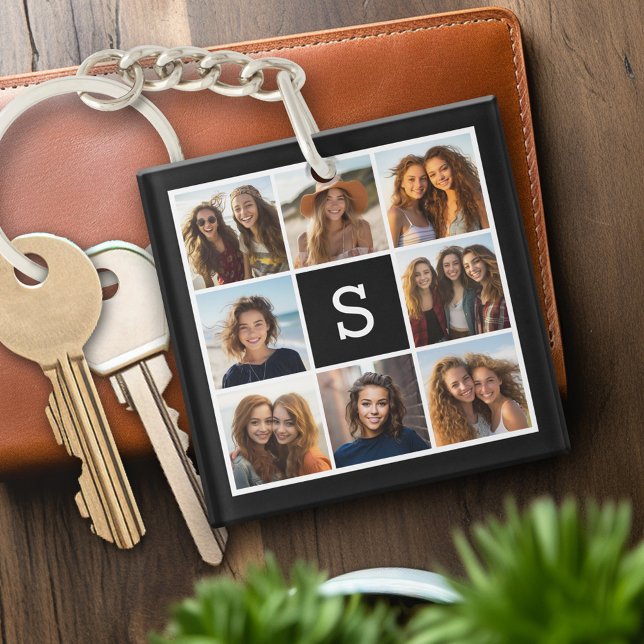 Black and White 8 Photo Collage Custom Monogram Key Ring (Personalized keychain with photo collage and monogram)