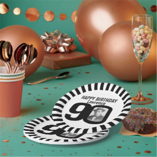 Black and white 90th birthday photo and stripes paper plate