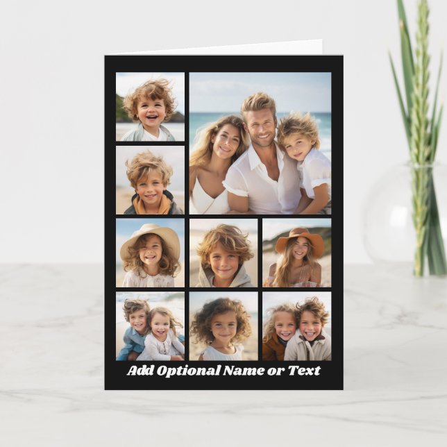Black and White 9 Photo Collage Custom Monogram Note Card (Front)