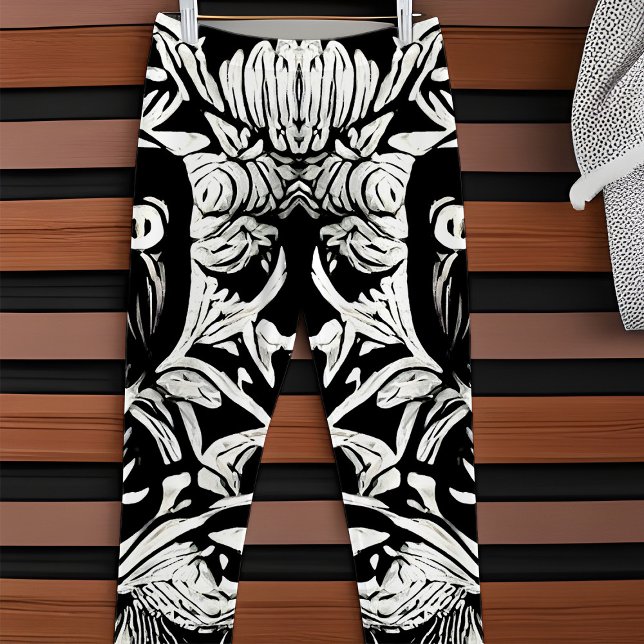 Black and White Abstract Botanical Floral Vines Leggings (Black and white elegant boho botanical floral leggings)