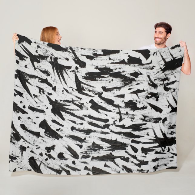 Black and White Abstract Brushstrokes Art Fleece Blanket (In Situ)