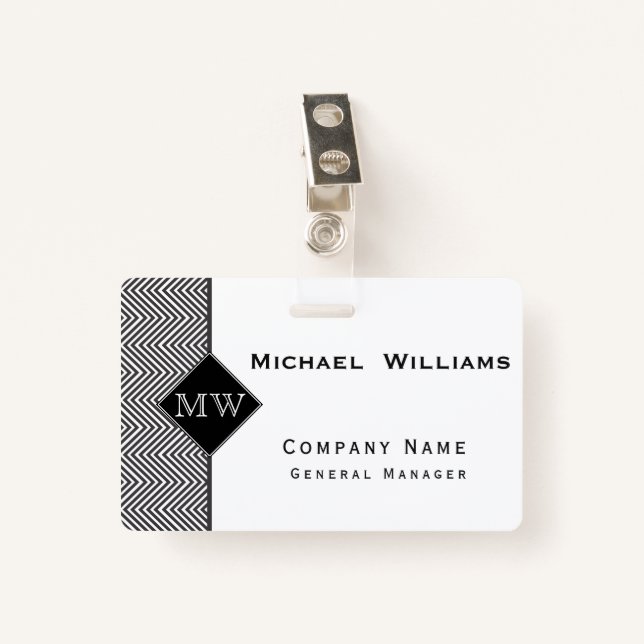 Black and White Abstract Chevron Pattern Monogram ID Badge (Front with Clip)