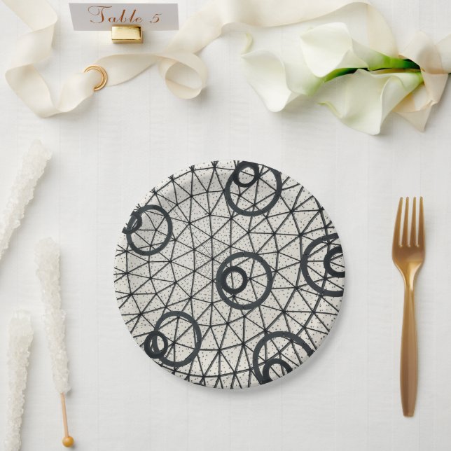 Black and White Abstract Circles Pattern Paper Plate (Wedding)
