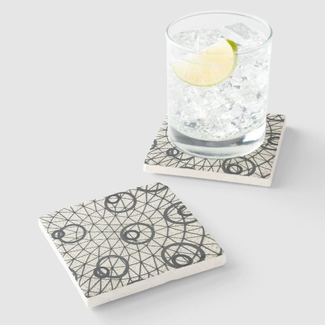 Black and White Abstract Circles Pattern Stone Coaster (Side)