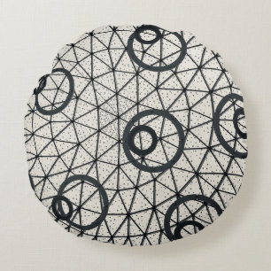 Black and White Abstract Circles Round Cushion