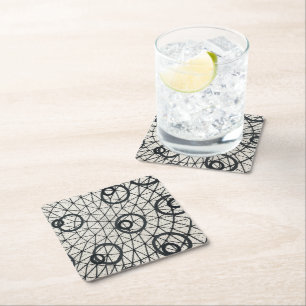 Black and White Abstract Circles Square Paper Coaster