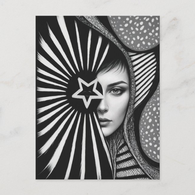 Black and White Abstract Face and Star Postcard (Front)