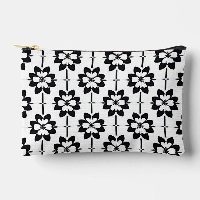 Black and White Abstract Floral Pattern Accessory Pouch (Front)