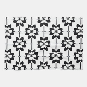 Black and White Abstract Floral Pattern Tea Towel