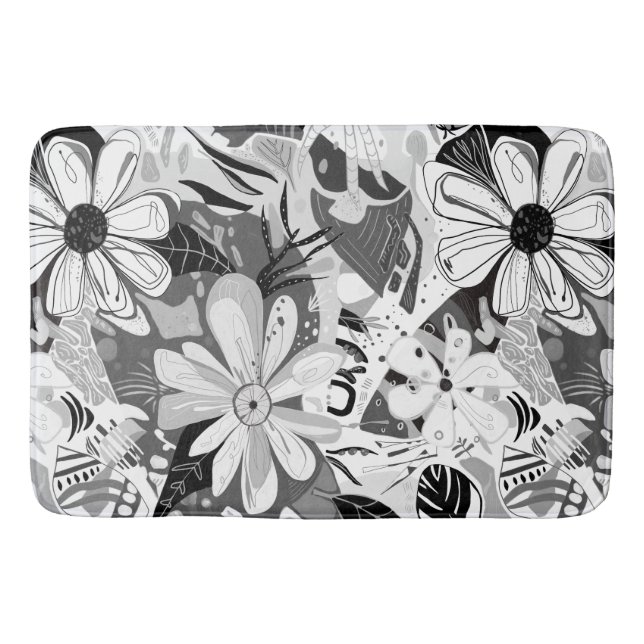 Black and White Abstract Floral Whimsical Bath Mat (Front)