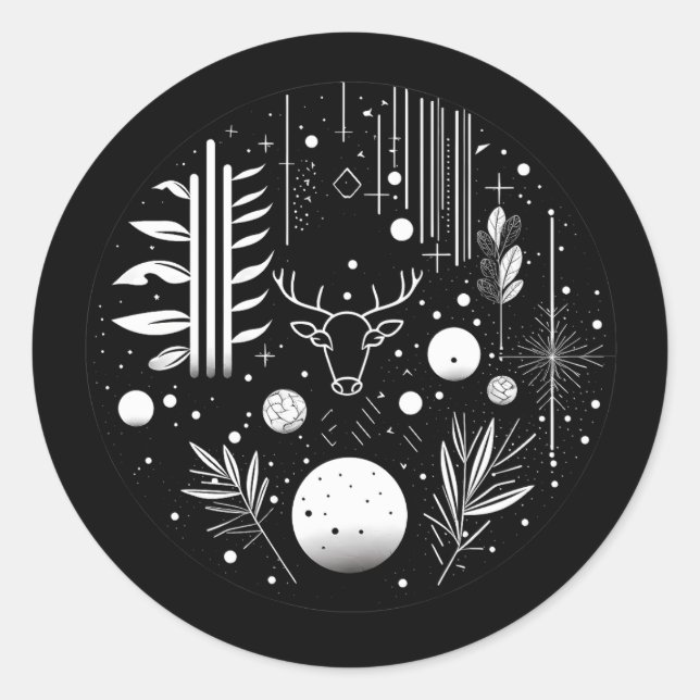 Black and White Abstract Geometric Deer Classic Round Sticker (Front)