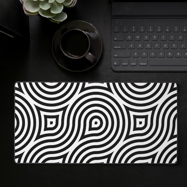 Black And White Abstract Geometric Gaming Desk Mat (Large desk mat with black and white abstract geometric pattern, full desk mouse pad)