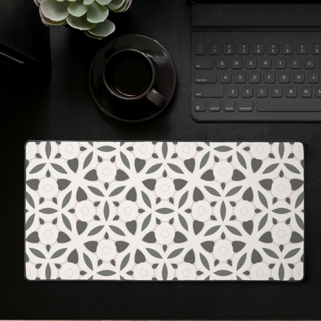 Black And White Abstract Geometric Gaming Desk Mat (Large desk mat with black and white abstract geometric pattern, full desk mouse pad)