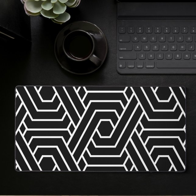 Black And White Abstract Geometric Gaming Desk Mat (Large desk mat with black and white abstract geometric pattern, full desk mouse pad)