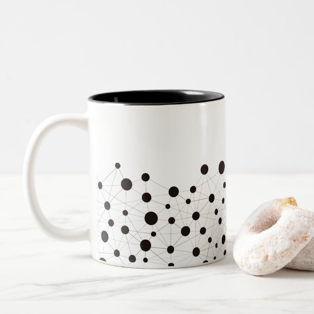 Black and white abstract lines and dots pattern Two-Tone coffee mug (With Donut)