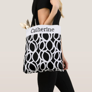 Black and White Abstract Pattern Name Tote Bag