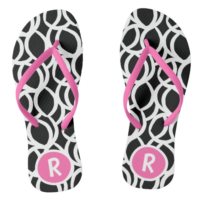 Black and White Abstract Pattern Pink Monogram Flip Flops (Footbed)