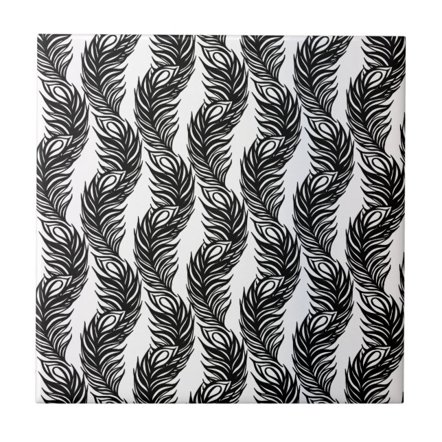 Black and white abstract Peacock feather pattern Tile (Front)